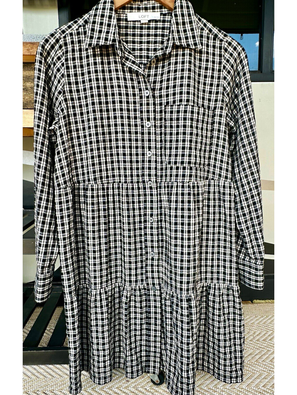 LOFT Black White Plaid Shirt Dress Petite PS Long Sleeve Collared Button